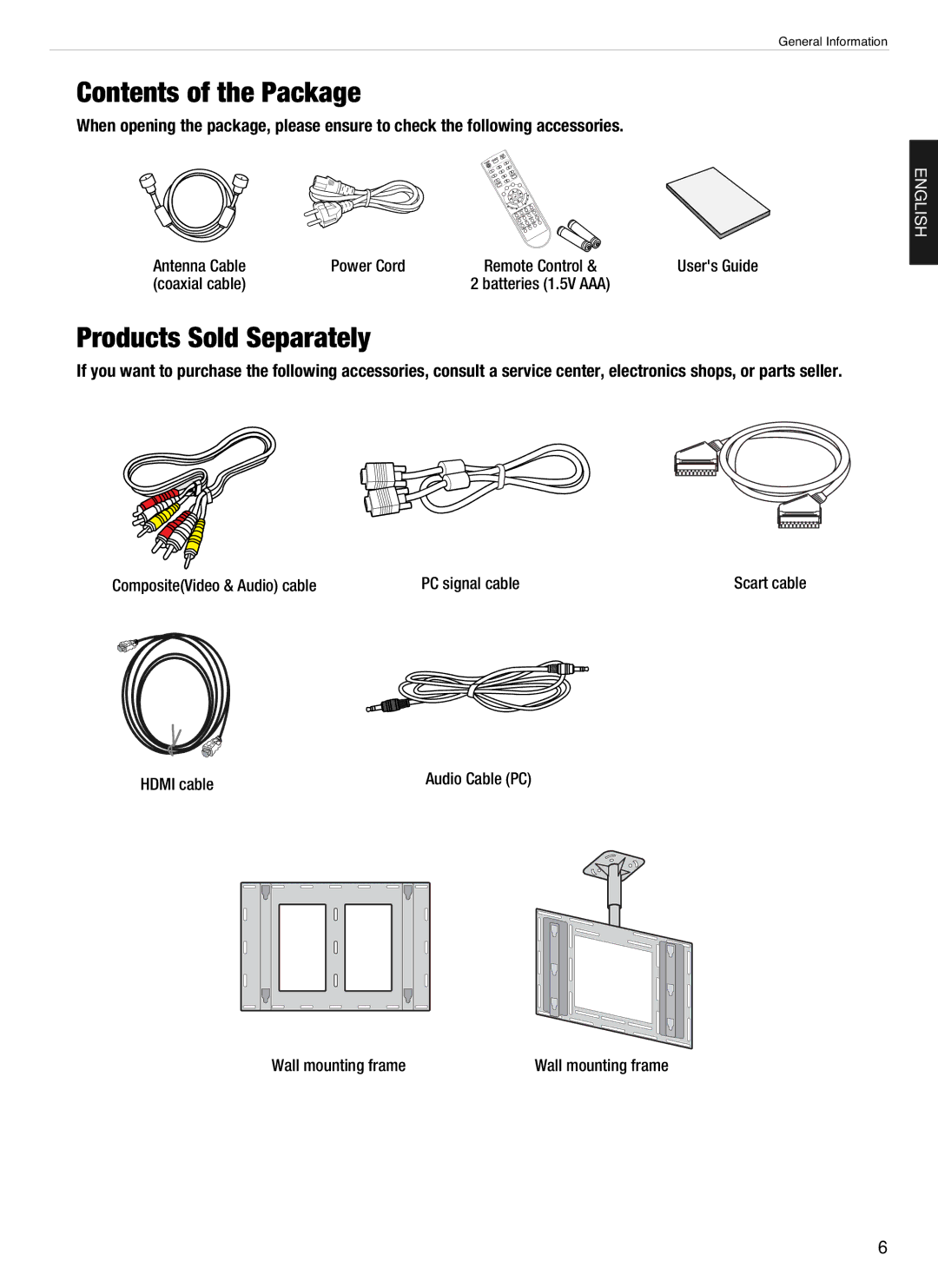 Hyundai E230D, E200D, E201D, E231D, Digital LCD TV manual Contents of the Package, Products Sold Separately 