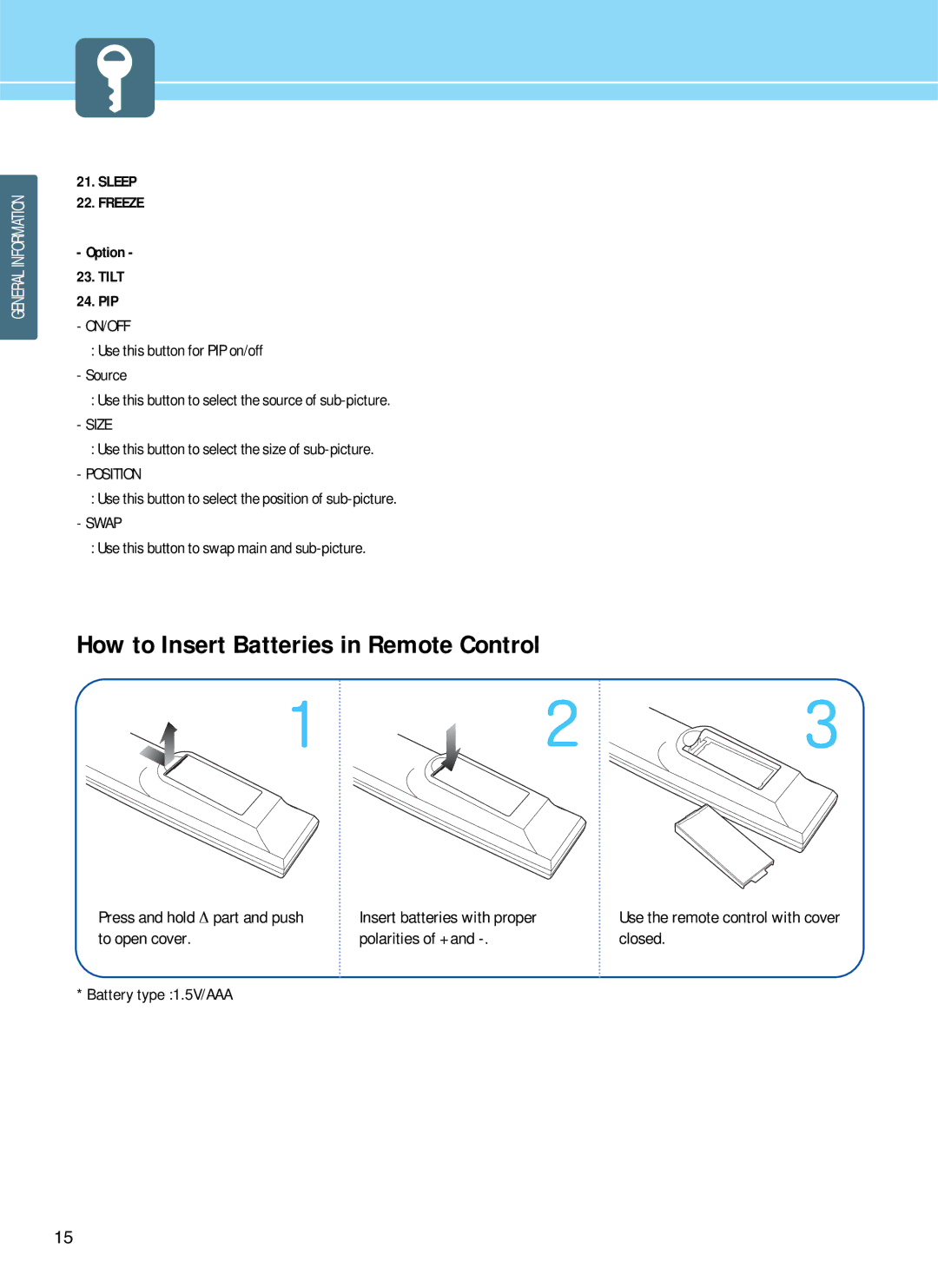 Hyundai E261D, E371D, E321D manual Sleep Freeze, Option Tilt PIP 