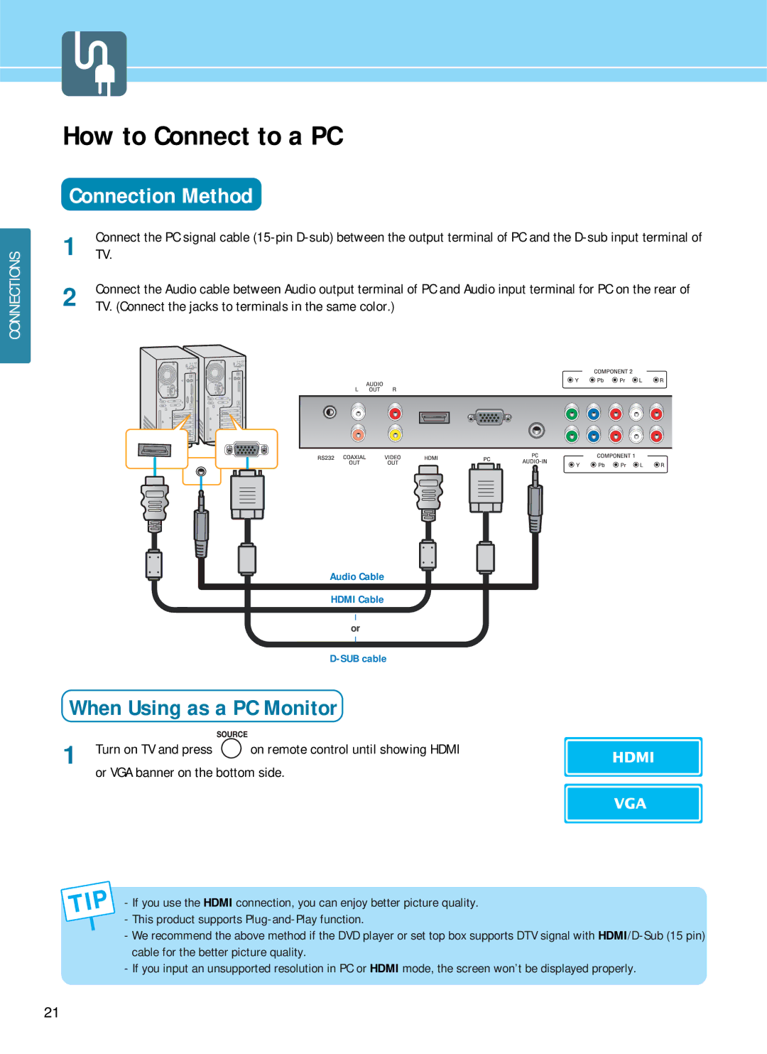 Hyundai E261D, E371D, E321D manual How to Connect to a PC, When Using as a PC Monitor 