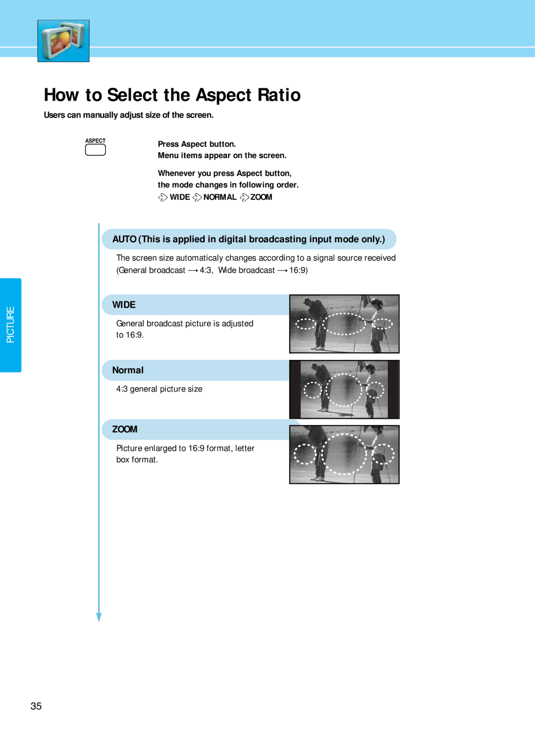 Hyundai E321D, E261D, E371D manual How to Select the Aspect Ratio, Wide Normal Zoom 