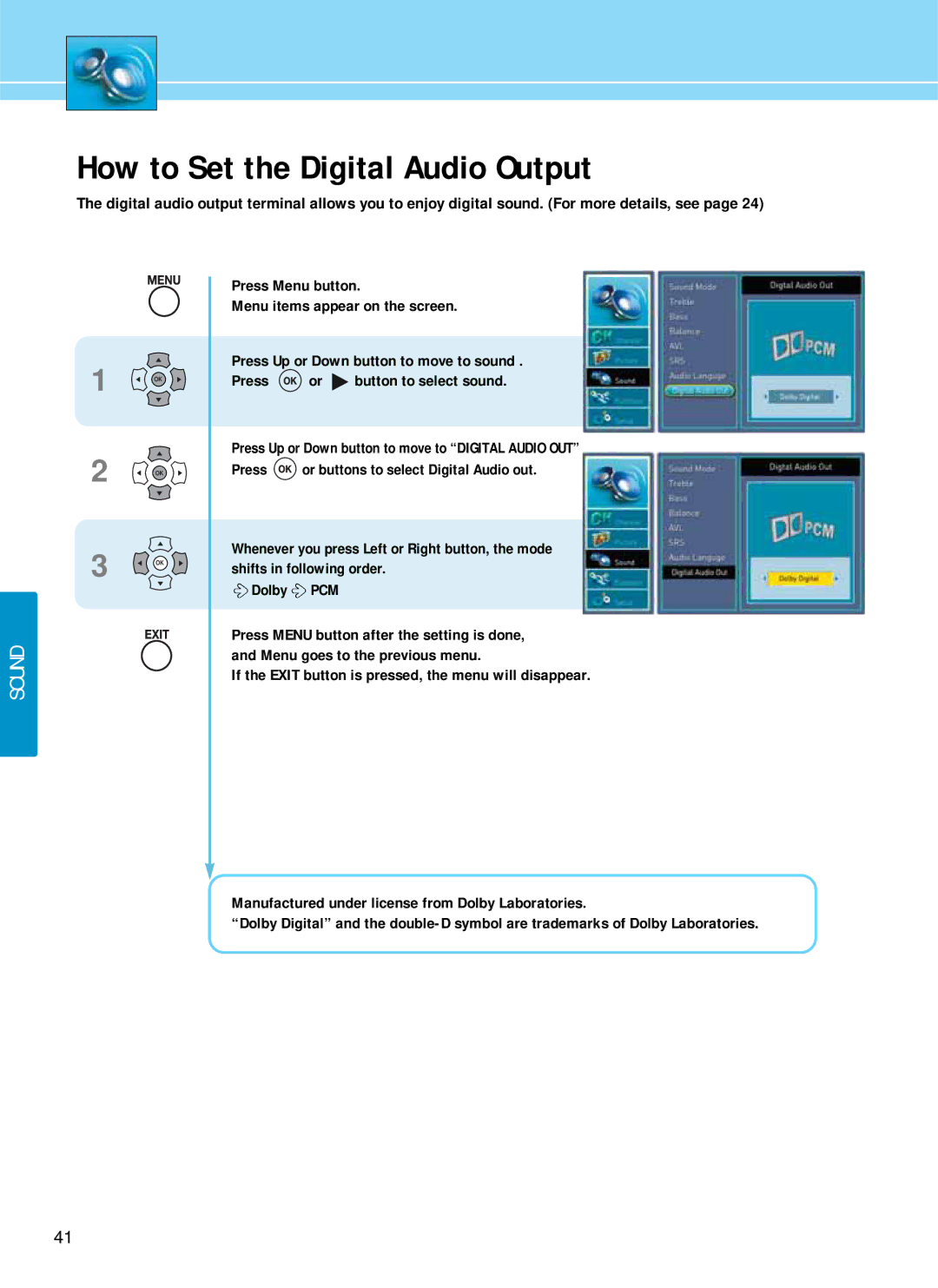 Hyundai E321D, E261D, E371D manual How to Set the Digital Audio Output, Dolby PCM 