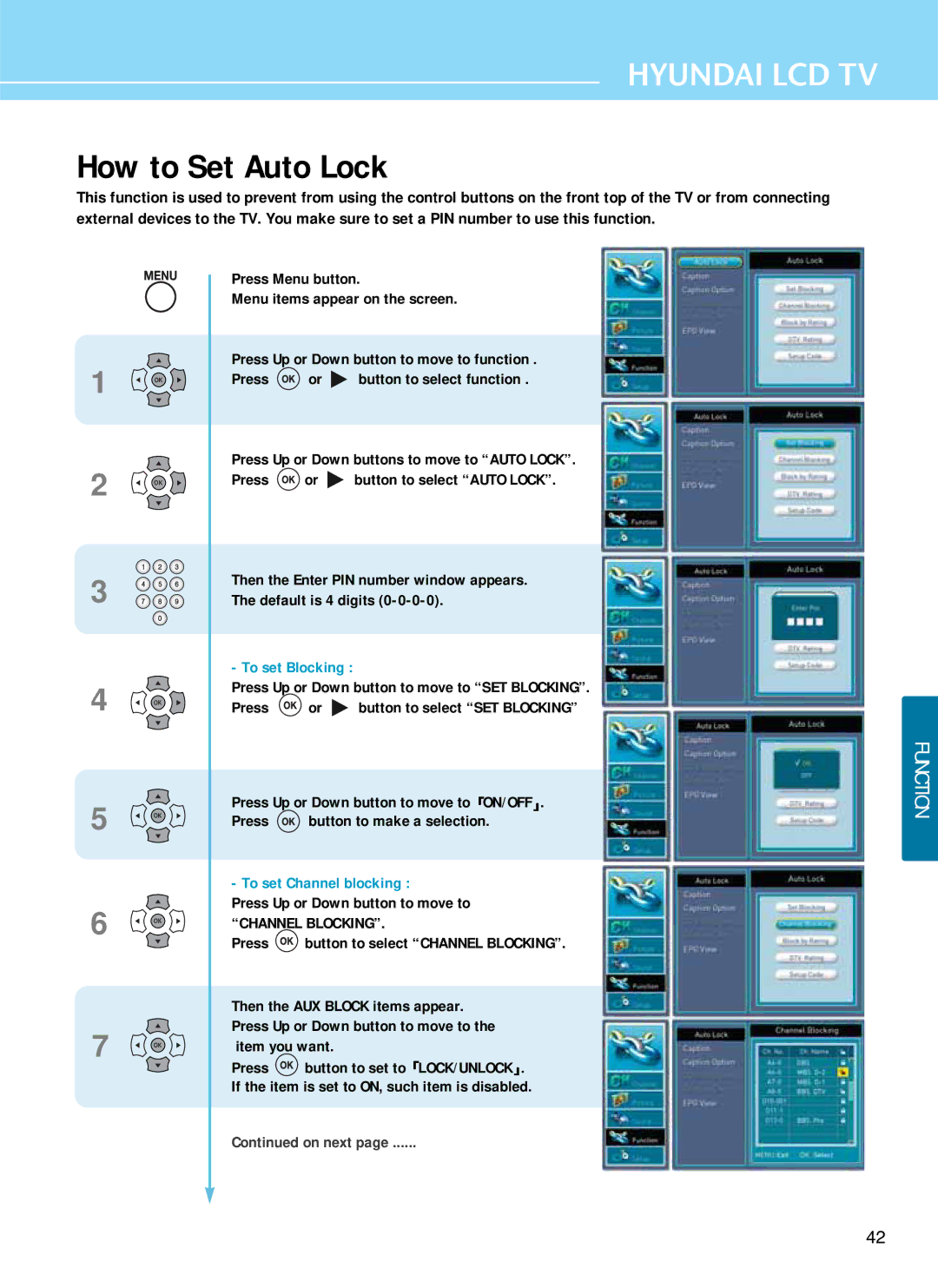 Hyundai E261D, E371D, E321D manual How to Set Auto Lock, Press Up or Down button to move to, Channel Blocking 