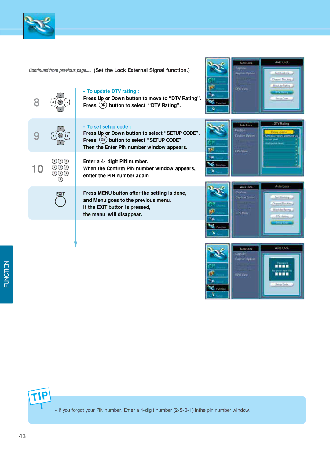 Hyundai E371D, E261D, E321D manual Press Up or Down button to select Setup Code, Enter a 4- digit PIN number 