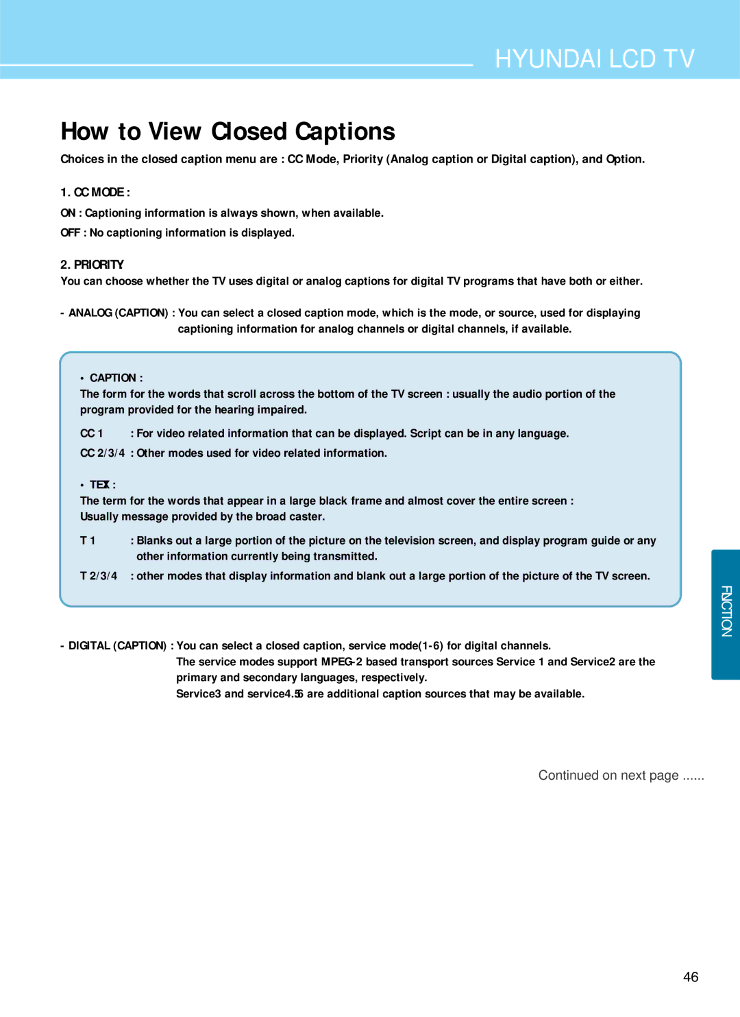 Hyundai E371D, E261D, E321D manual How to View Closed Captions, Priority 