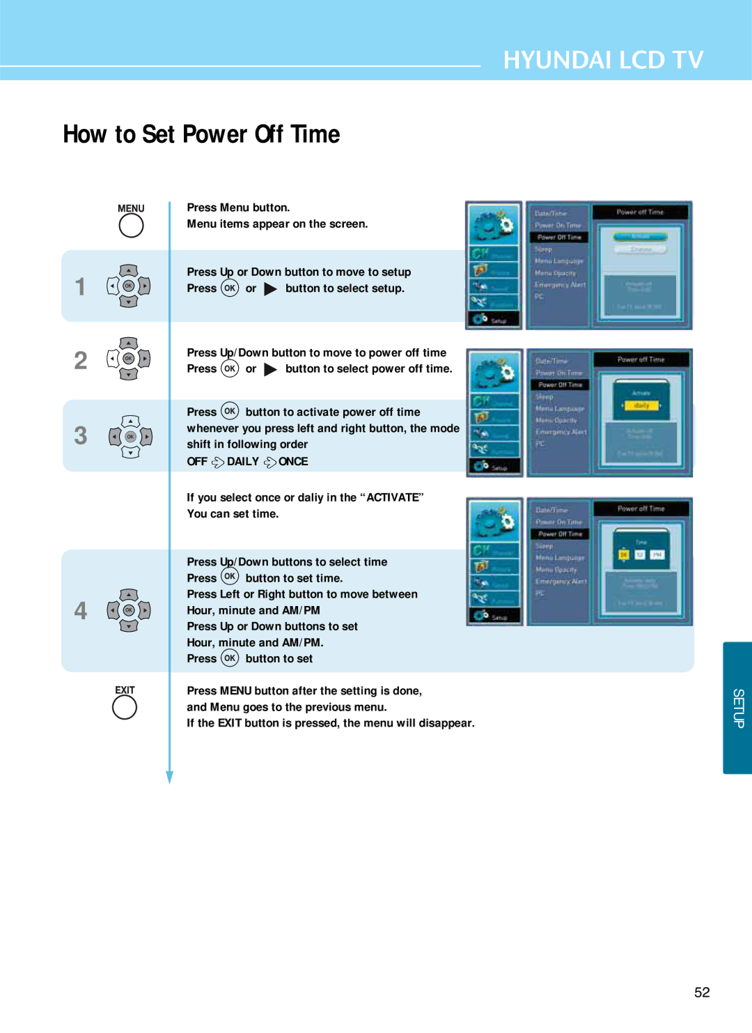 Hyundai E371D, E261D, E321D manual How to Set Power Off Time, OFF Daily Once 