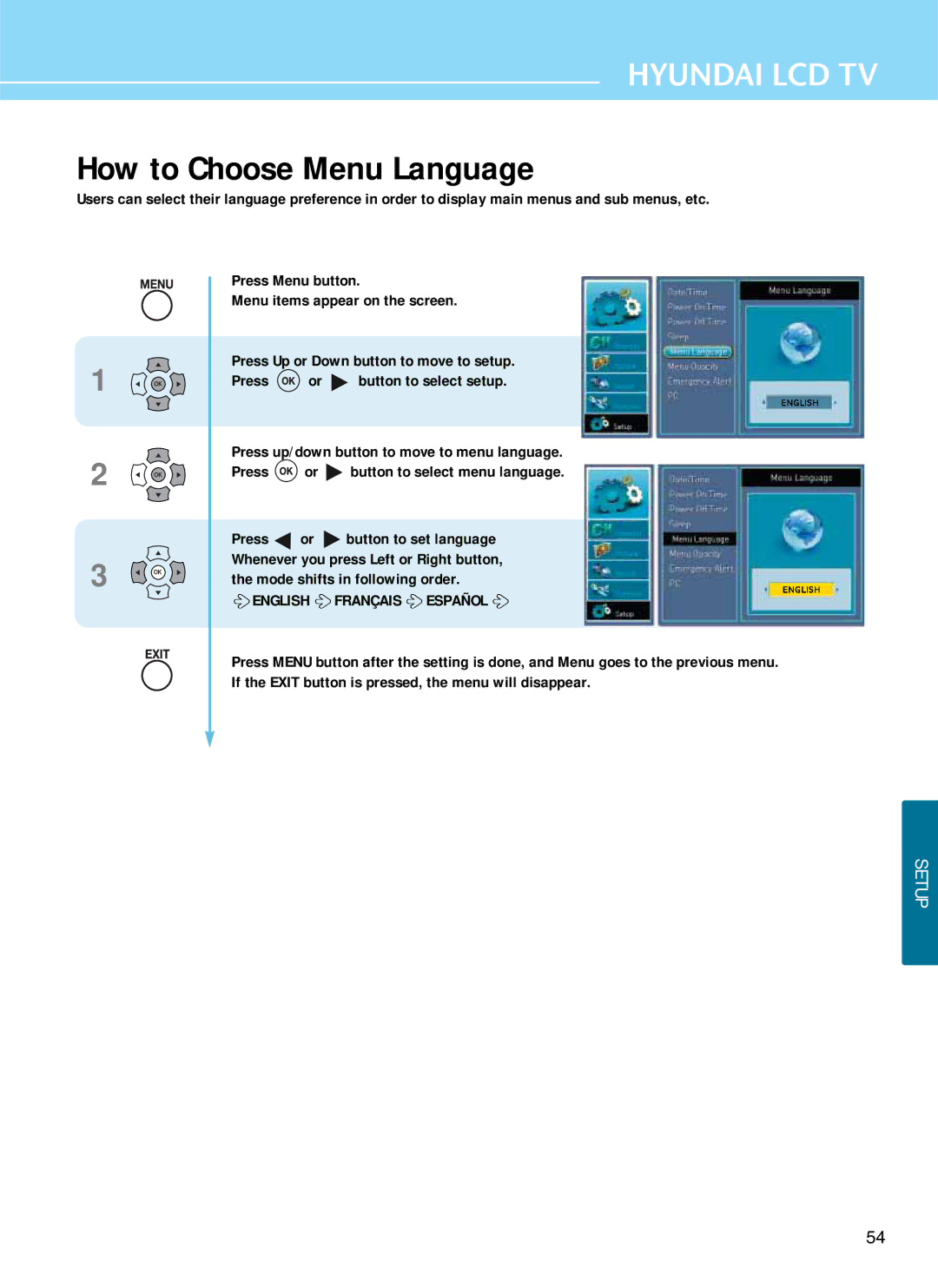 Hyundai E261D, E371D, E321D manual How to Choose Menu Language, English Français Español 