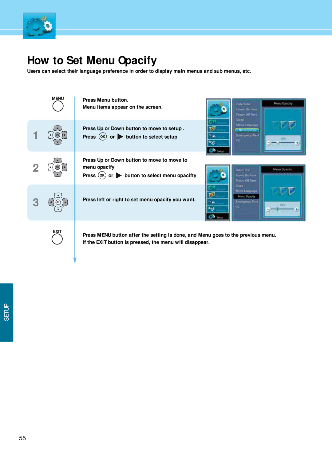 Hyundai E371D, E261D, E321D manual How to Set Menu Opacify 