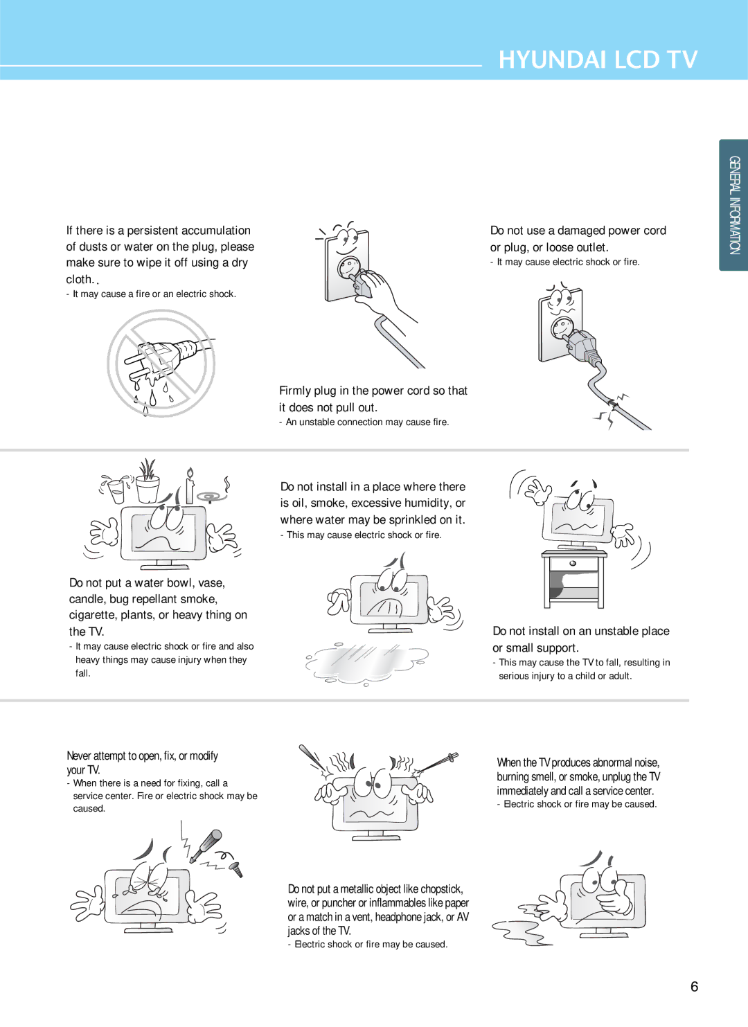 Hyundai E261D, E371D, E321D manual Do not use a damaged power cord or plug, or loose outlet 