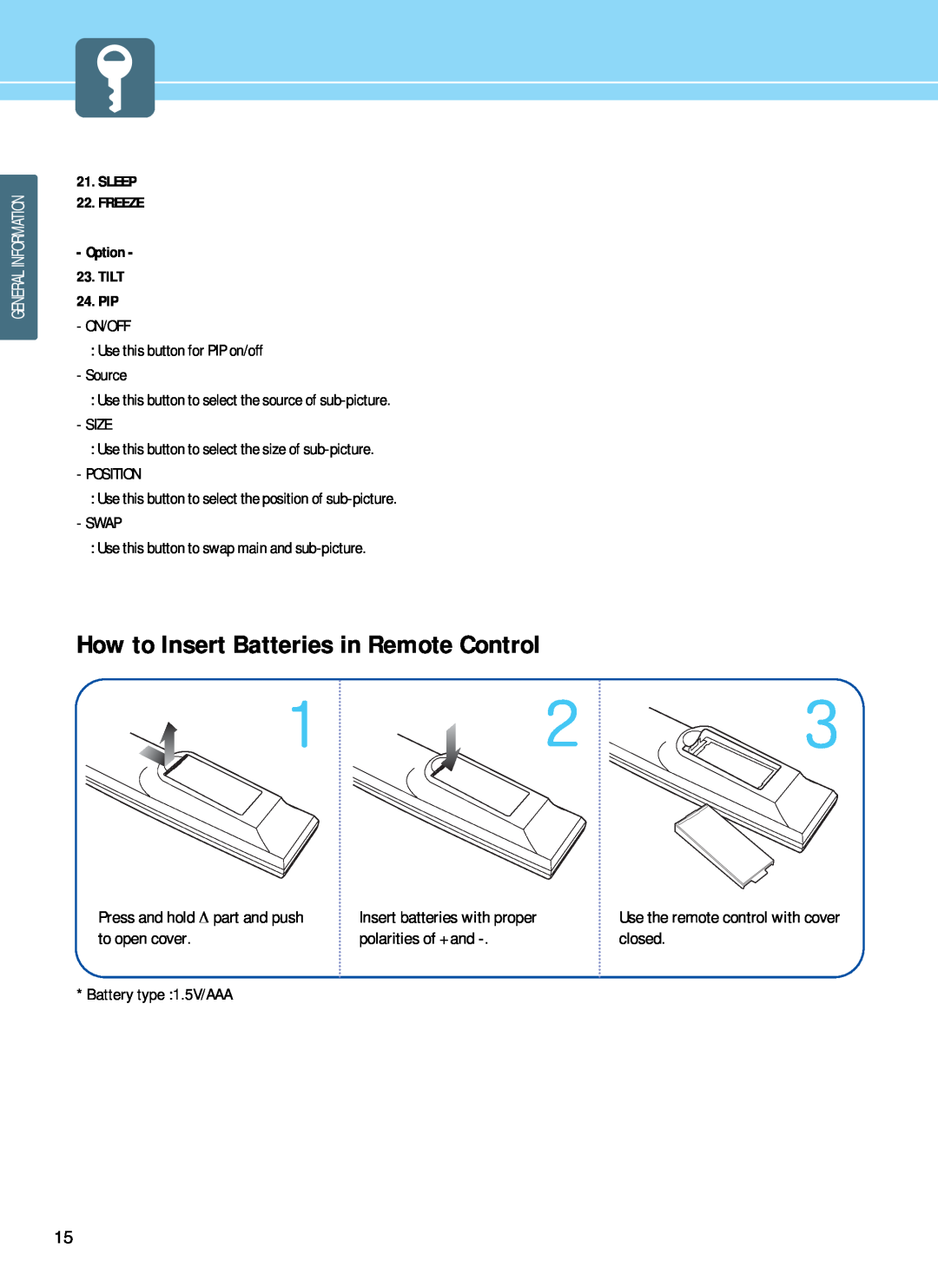 Hyundai E261D, E371D, E321D manual How to Insert Batteries in Remote Control, SLEEP 22. FREEZE Option 23. TILT 24. PIP 