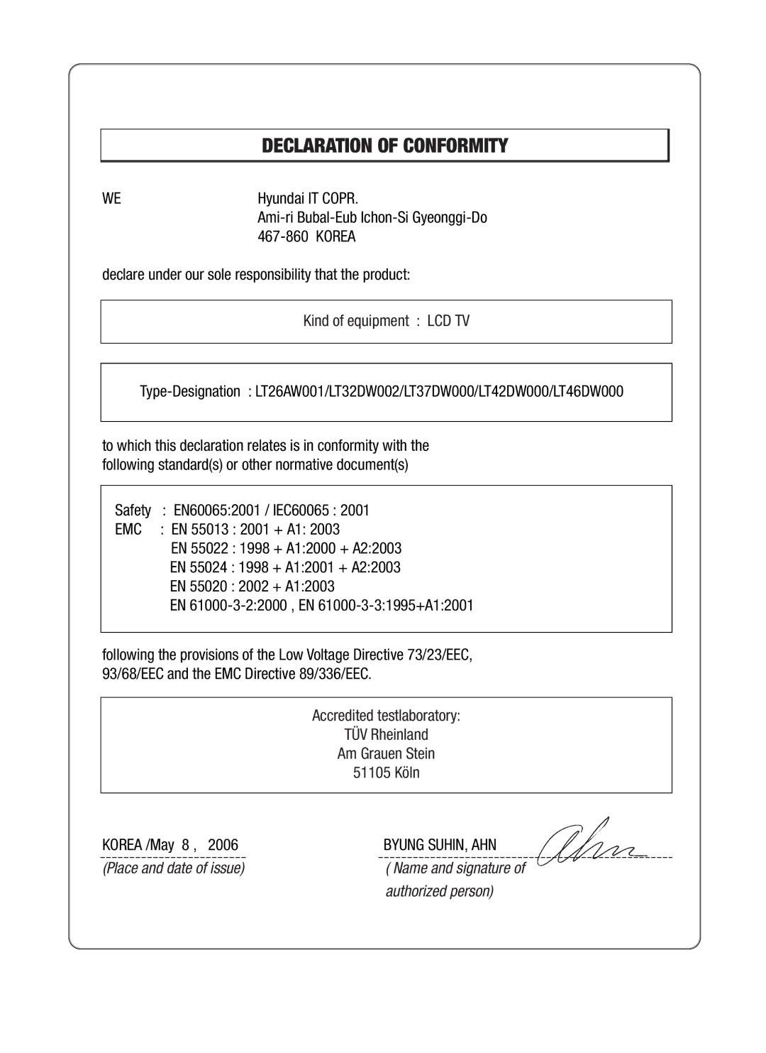 Hyundai E320D, E460D, E260D, E420D, E370D manual Declaration of Conformity 