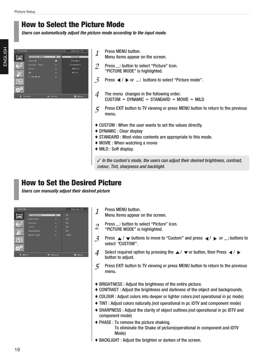 Hyundai E320D, E460D, E260D, E420D, E370D manual How to Select the Picture Mode, How to Set the Desired Picture 