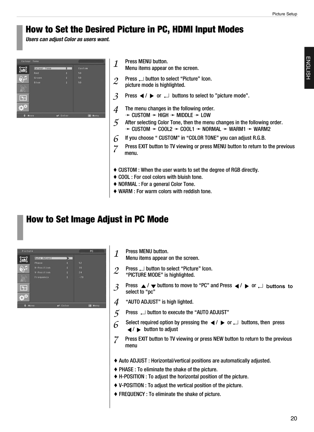 Hyundai E420D, E460D, E260D manual How to Set the Desired Picture in PC, Hdmi Input Modes, How to Set Image Adjust in PC Mode 