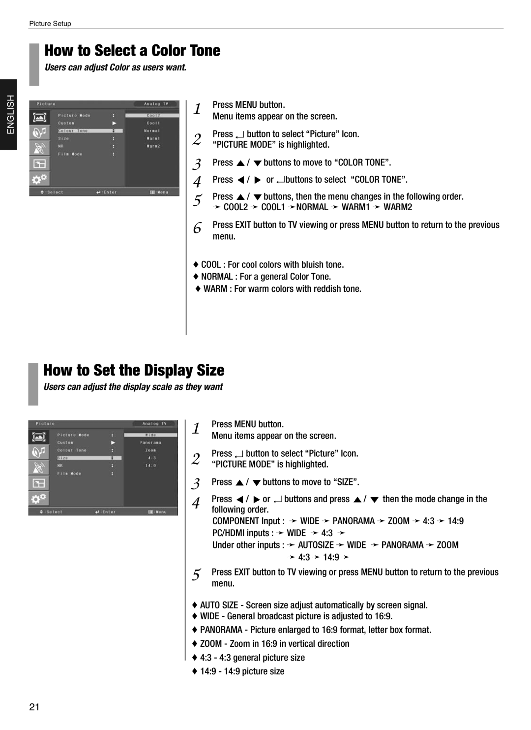 Hyundai E370D How to Select a Color Tone, How to Set the Display Size, Users can adjust the display scale as they want 