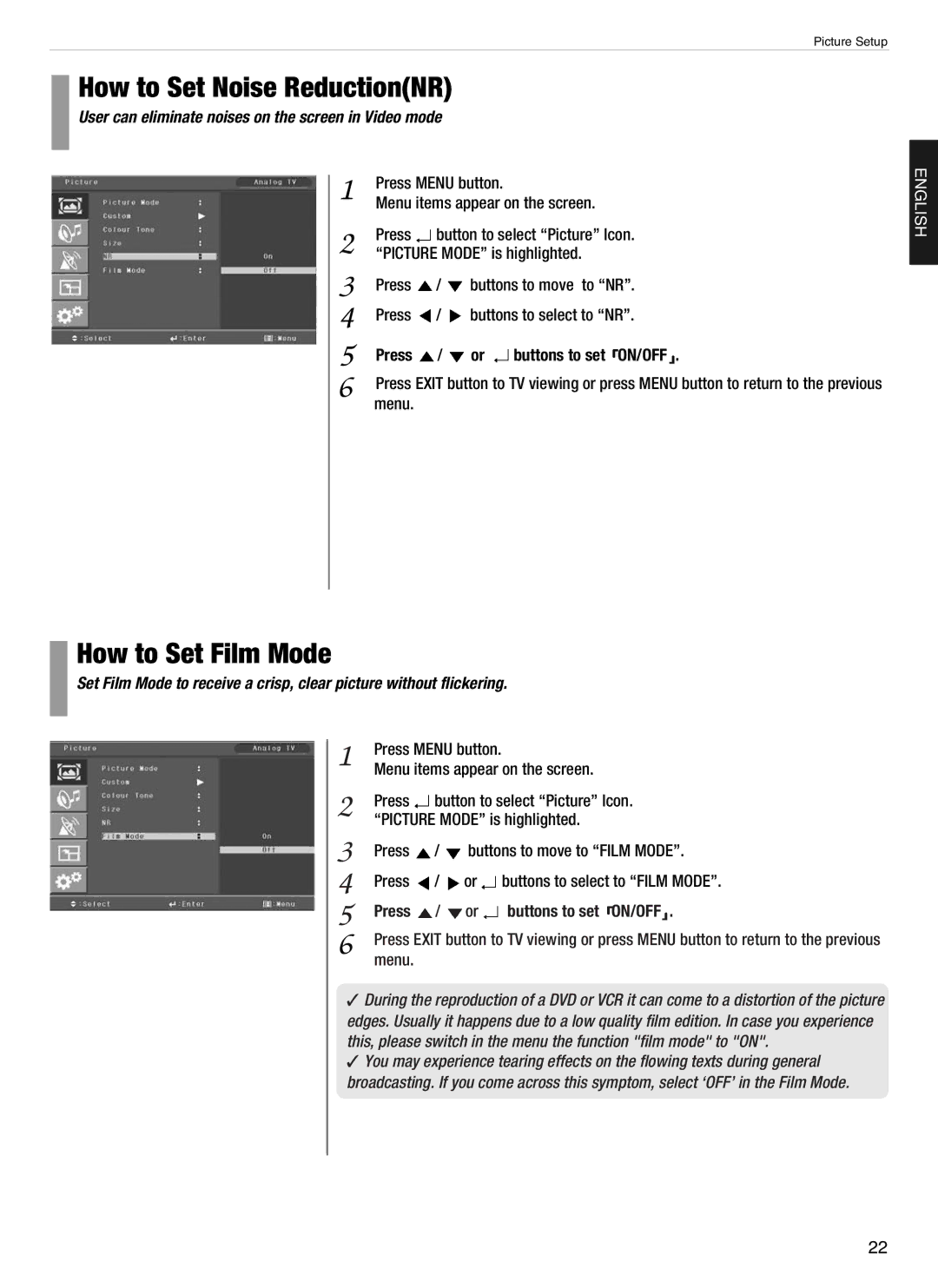 Hyundai E460D How to Set Noise ReductionNR, How to Set Film Mode, User can eliminate noises on the screen in Video mode 