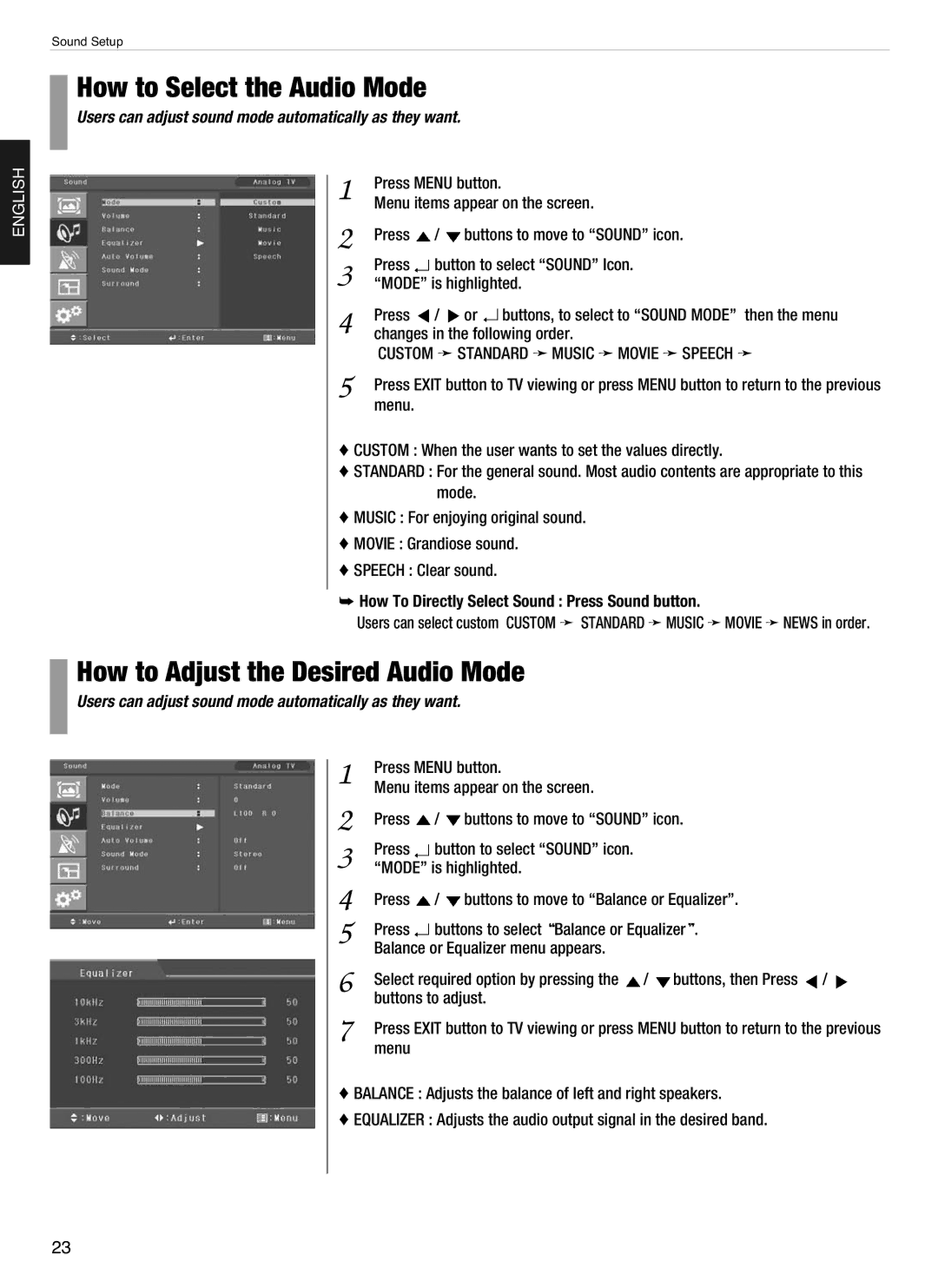 Hyundai E260D, E460D, E320D, E420D, E370D manual How to Select the Audio Mode, How to Adjust the Desired Audio Mode 