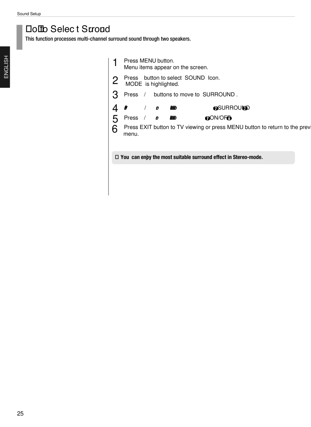 Hyundai E420D, E460D, E260D, E320D How to Select Surround, Press Buttons to select to Surround, Buttons to set to ON/OFF 