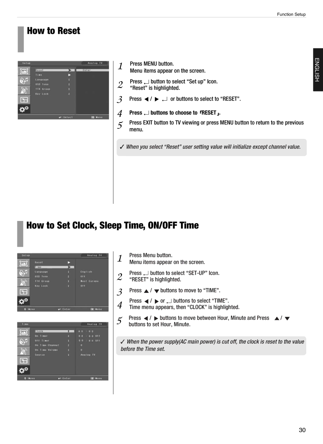 Hyundai E420D, E460D, E260D, E320D How to Reset, How to Set Clock, Sleep Time, ON/OFF Time, Press Buttons to choose to Reset 