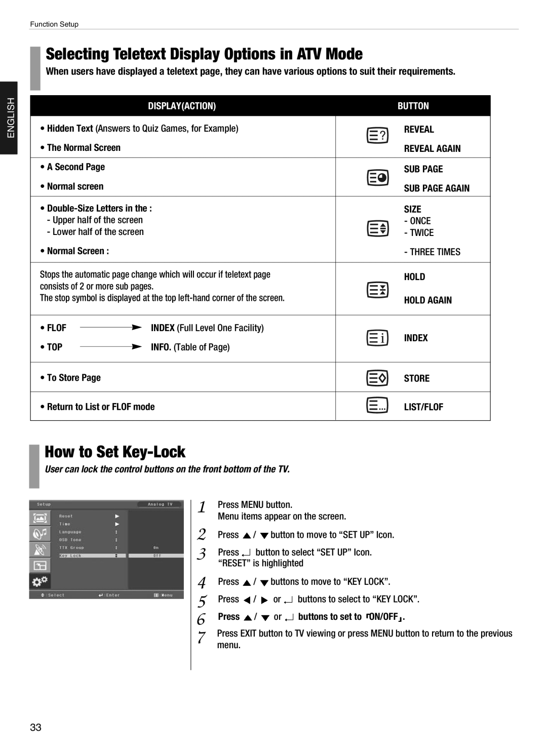 Hyundai E260D, E460D, E320D, E420D, E370D manual Selecting Teletext Display Options in ATV Mode, How to Set Key-Lock 