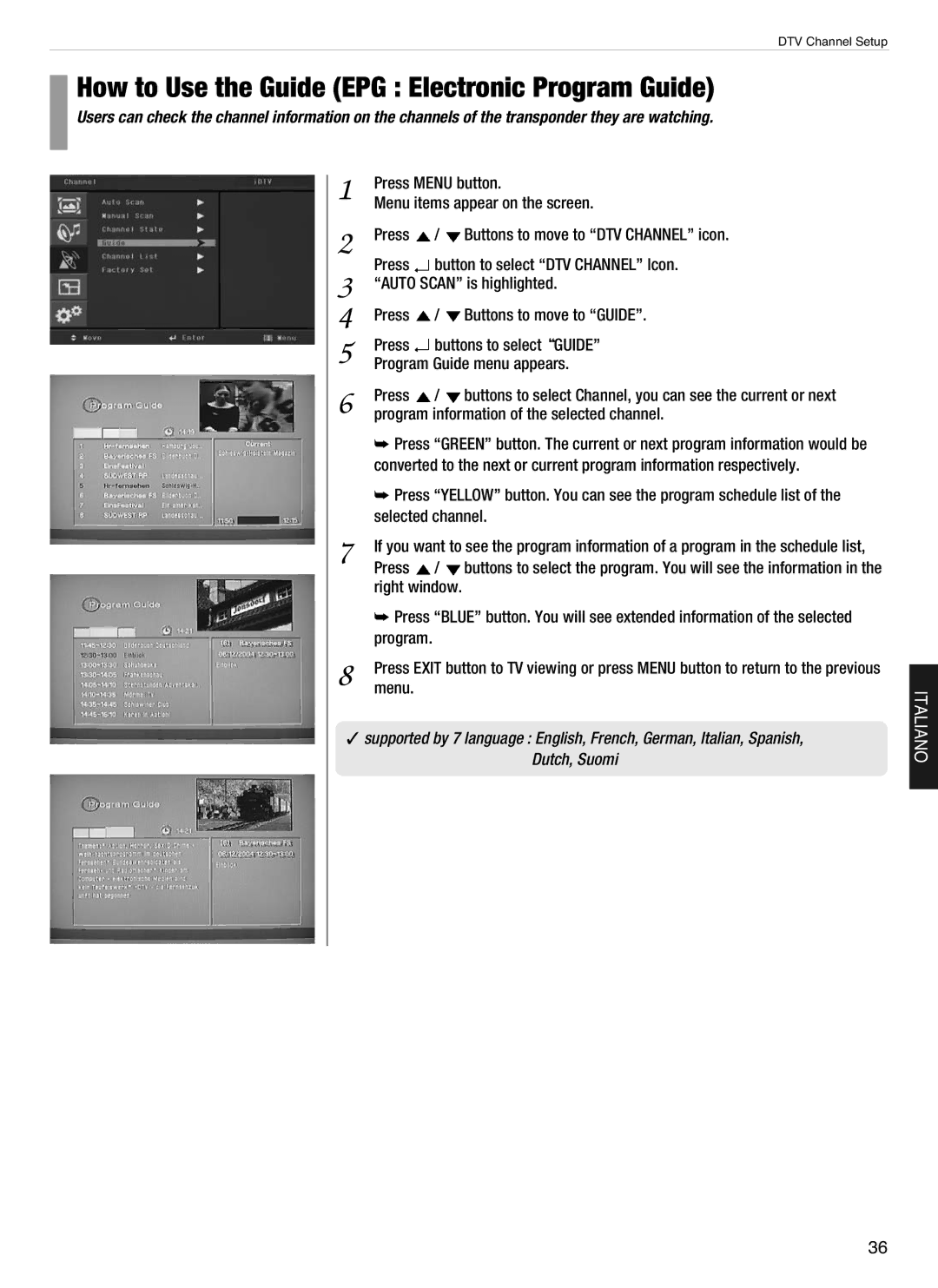 Hyundai E370D, E460D, E260D How to Use the Guide EPG Electronic Program Guide, Program information of the selected channel 