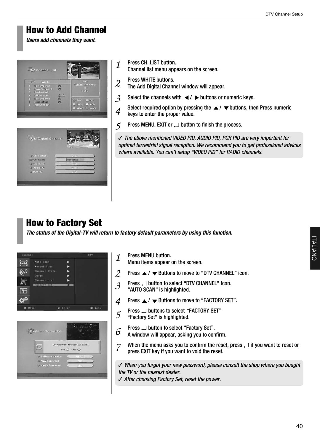 Hyundai E420D, E460D, E260D How to Add Channel, How to Factory Set, Users add channels they want, Buttons or numeric keys 