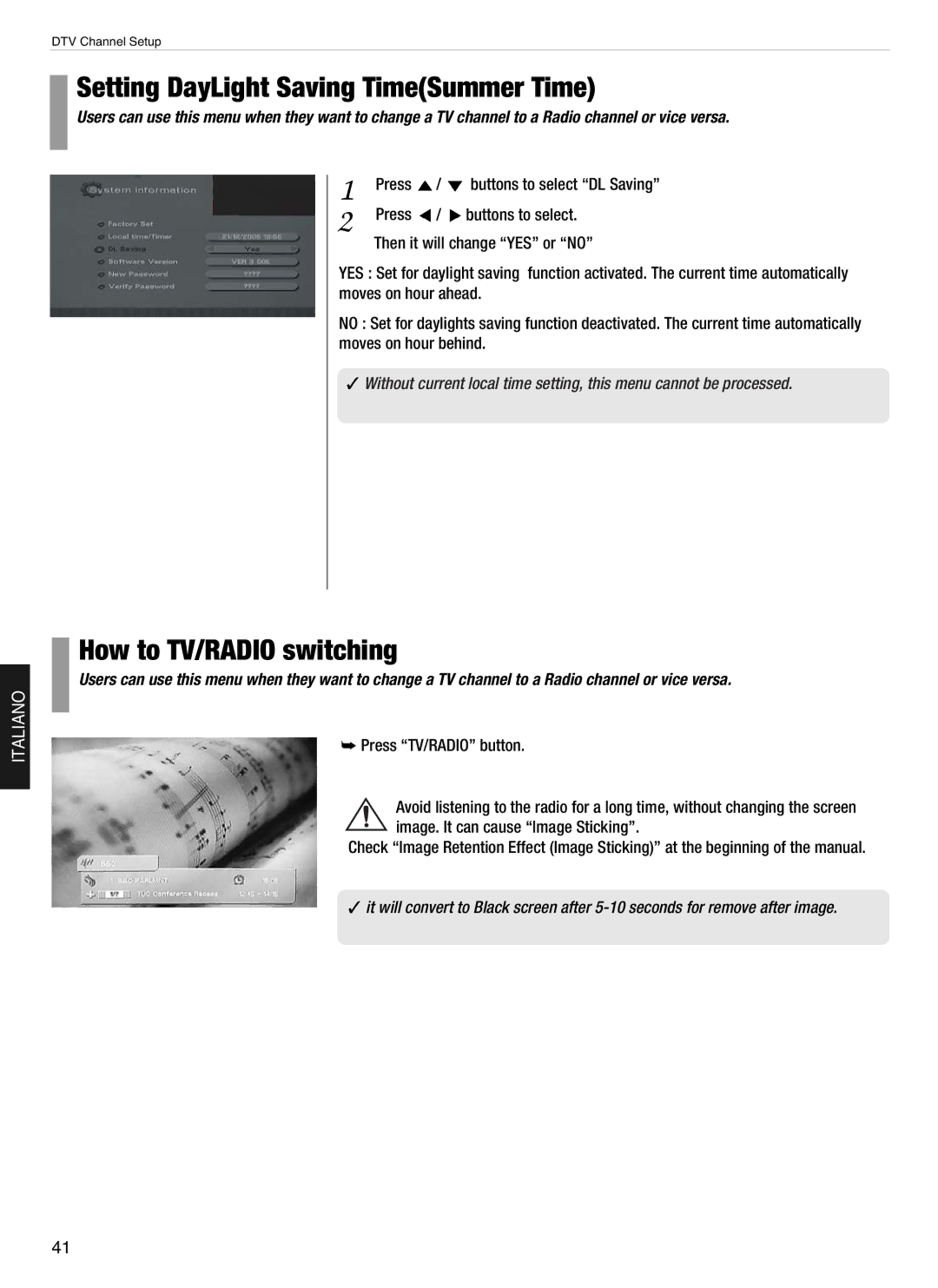 Hyundai E370D, E460D, E260D, E320D, E420D manual Setting DayLight Saving TimeSummer Time, How to TV/RADIO switching 