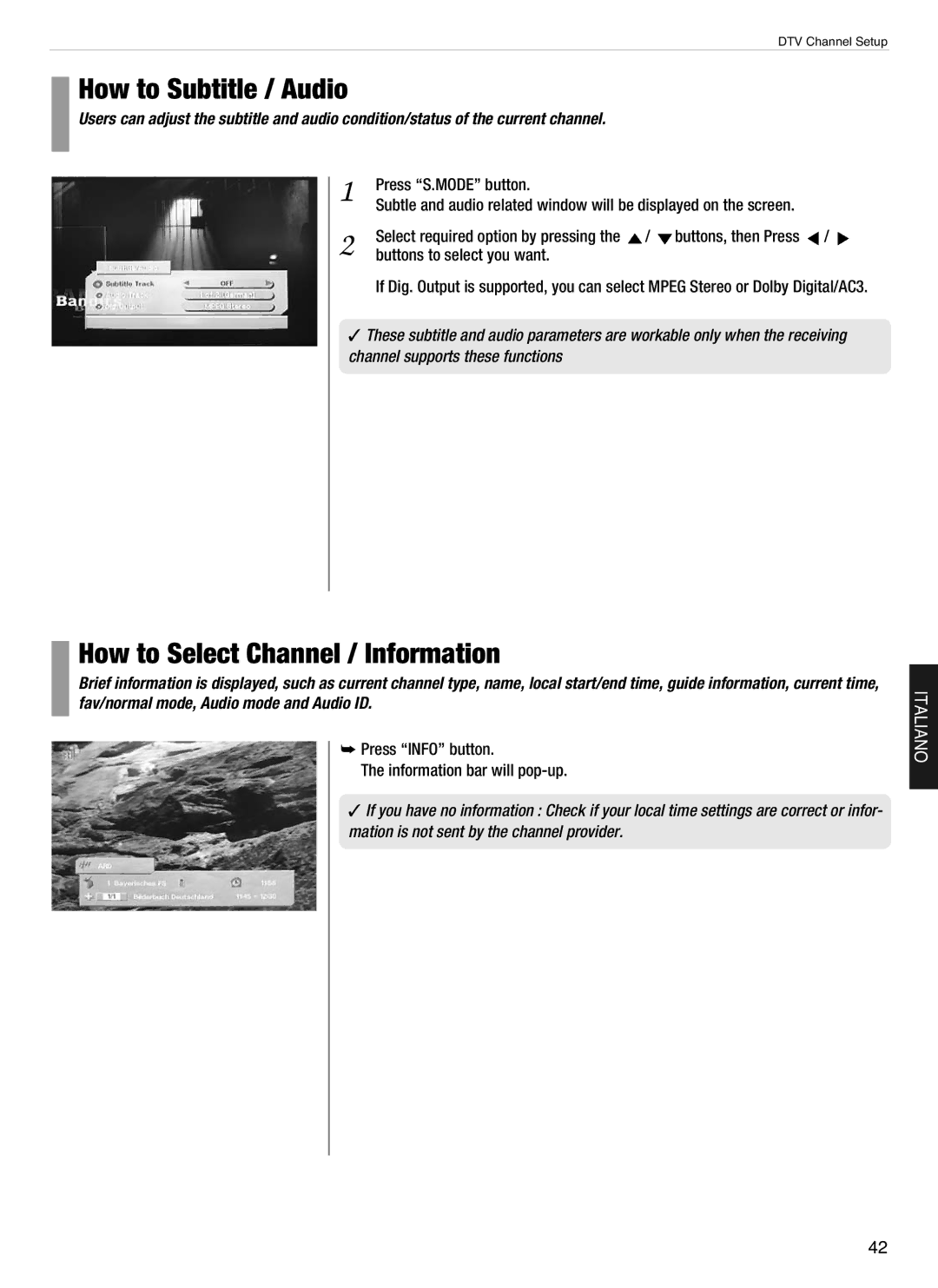 Hyundai E460D, E260D, E320D, E420D, E370D How to Subtitle / Audio, How to Select Channel / Information, Press S.MODE button 