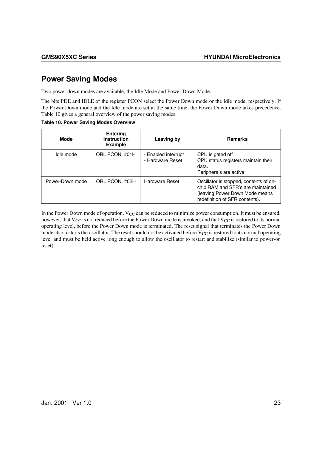 Hyundai GMS90X51C, GMS90X52C, GMS90X54C user manual Power Saving Modes 