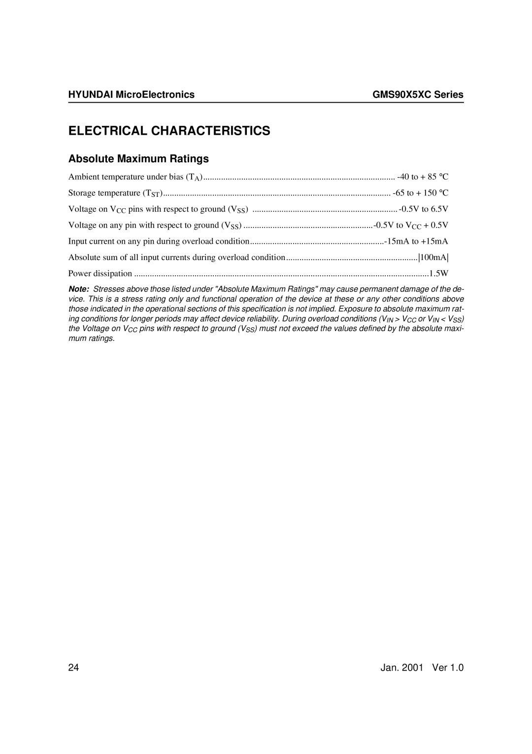 Hyundai GMS90X52C, GMS90X51C, GMS90X54C user manual Electrical Characteristics, Absolute Maximum Ratings 