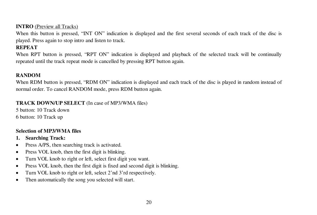 Hyundai H- CDM8039 instruction manual Repeat, Selection of MP3/WMA files Searching Track 