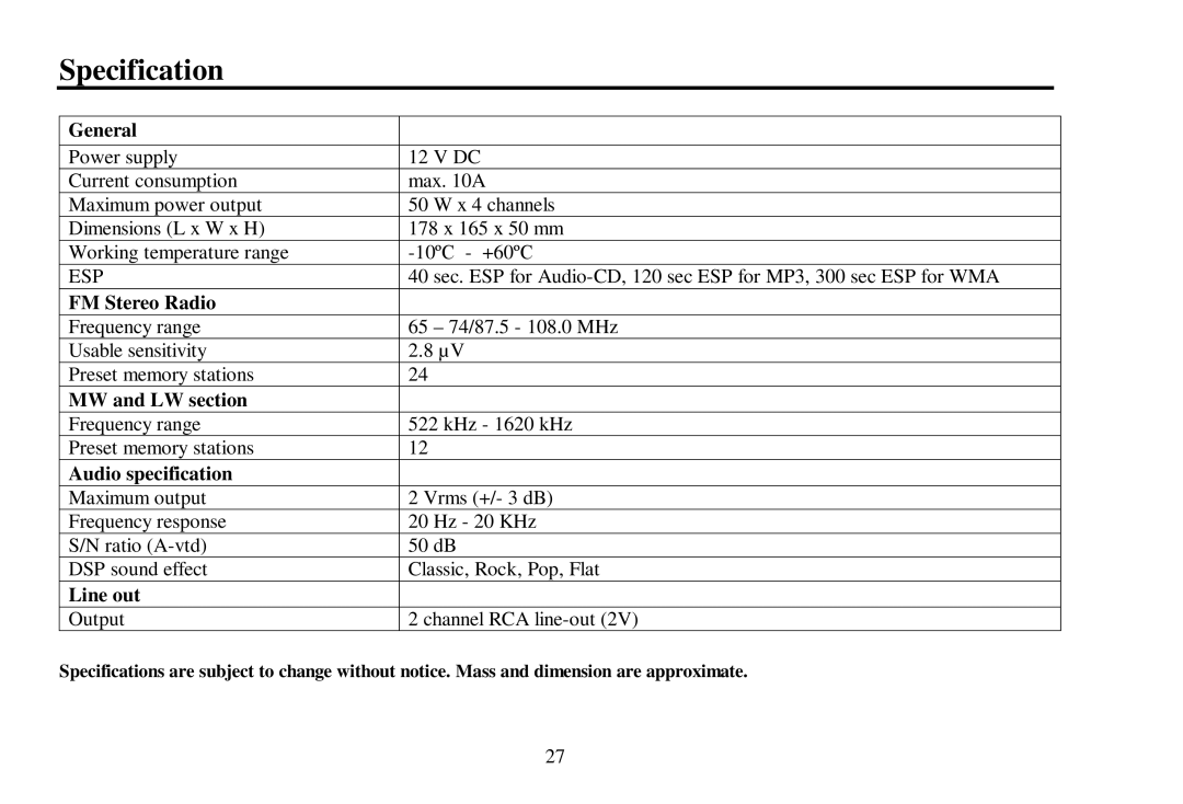 Hyundai H- CDM8039 instruction manual Specification 