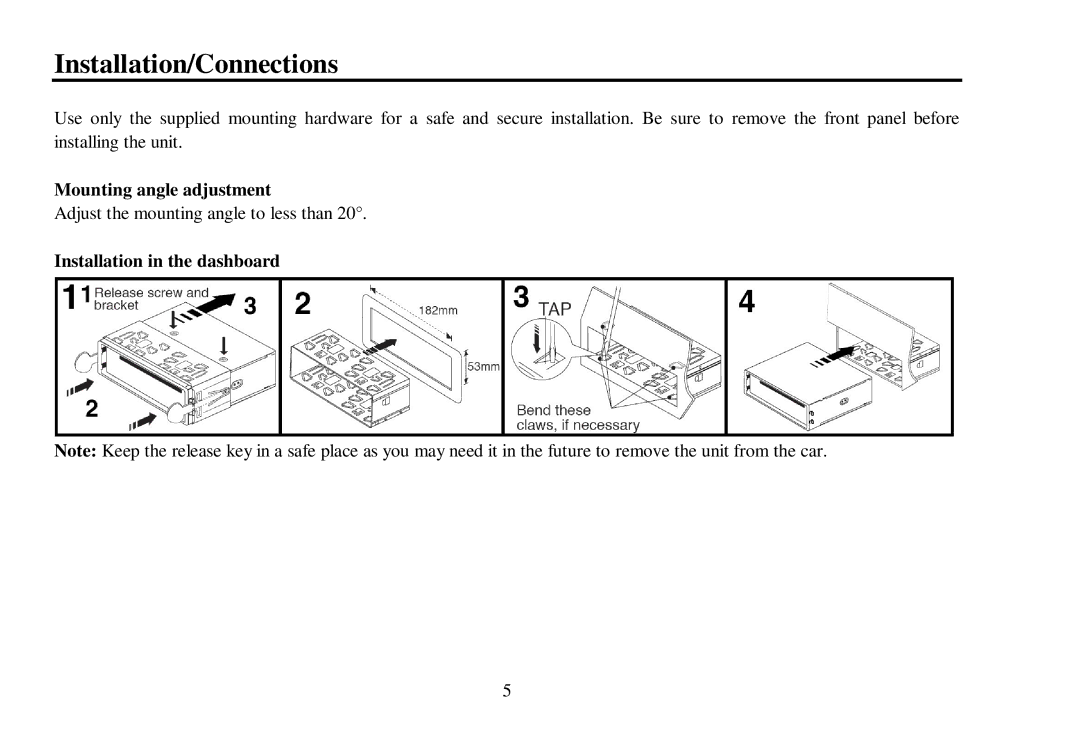 Hyundai H- CDM8039 instruction manual Installation/Connections, Mounting angle adjustment, Installation in the dashboard 