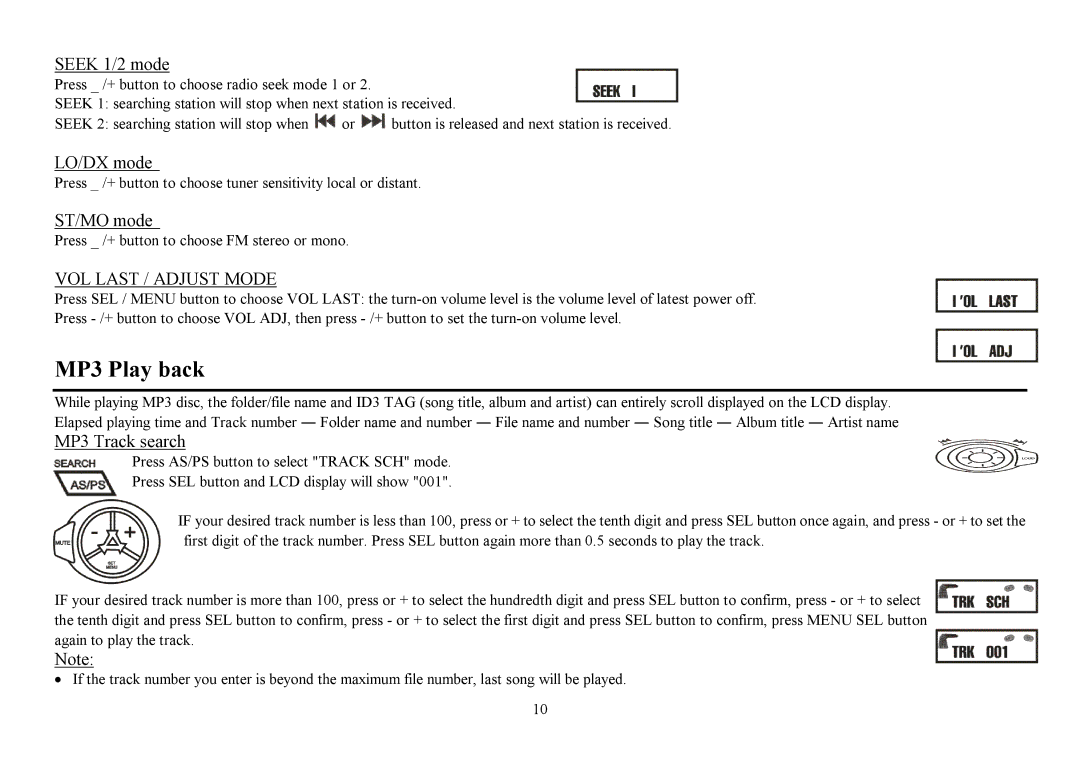 Hyundai H- CDM8053 instruction manual MP3 Play back, Seek 1/2 mode, LO/DX mode, ST/MO mode, MP3 Track search 