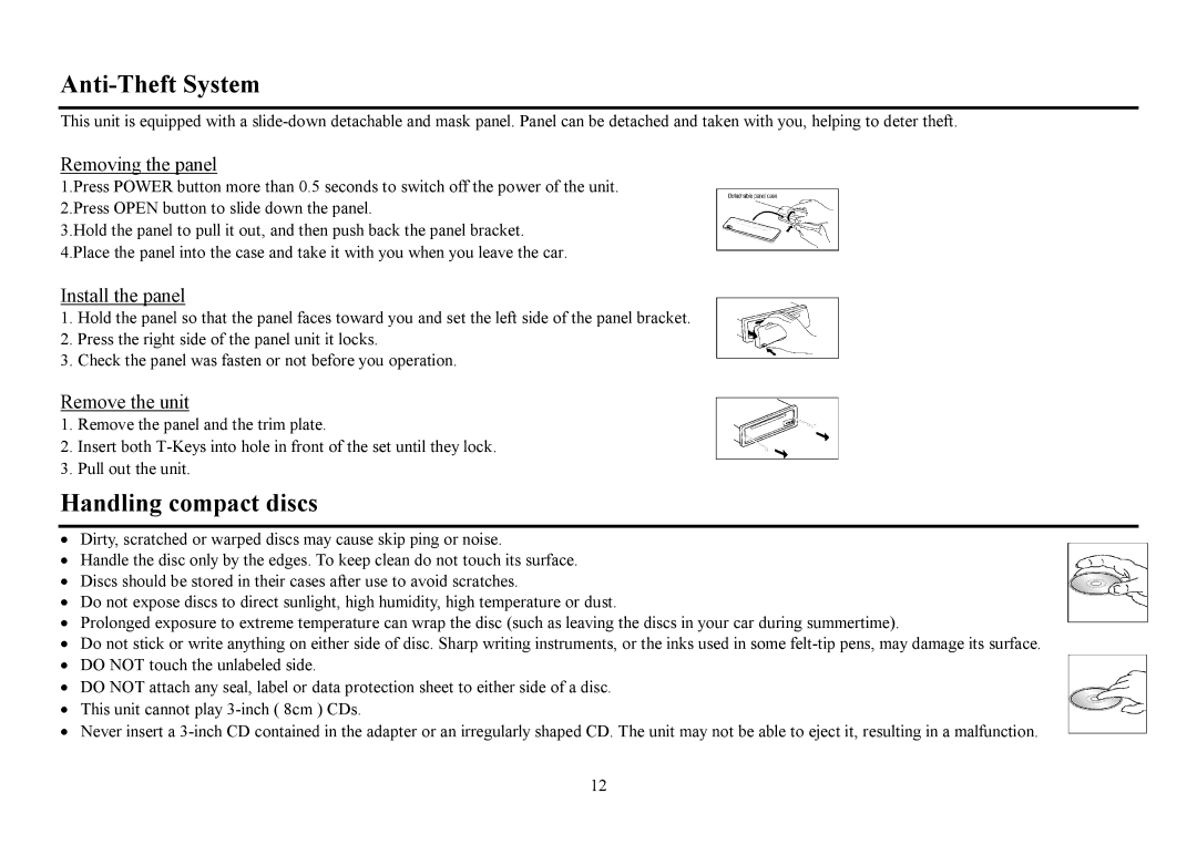 Hyundai H- CDM8053 Anti-Theft System, Handling compact discs, Removing the panel, Install the panel, Remove the unit 