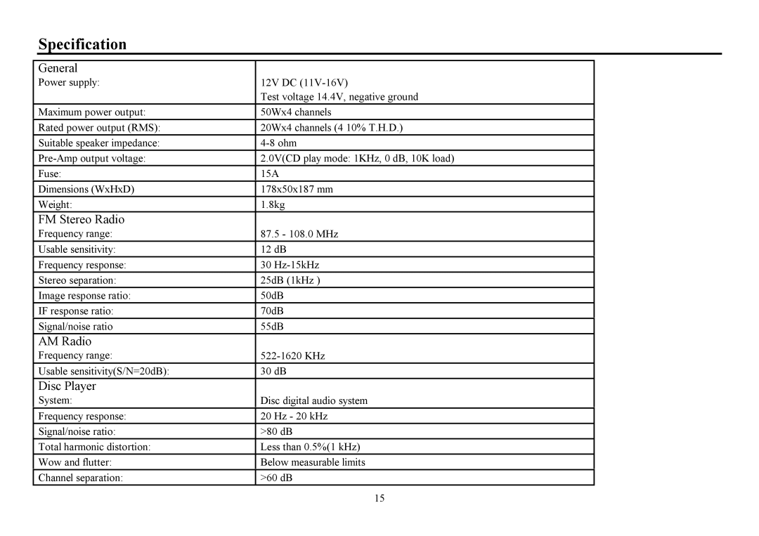 Hyundai H- CDM8053 instruction manual Specification, FM Stereo Radio, AM Radio, Disc Player 