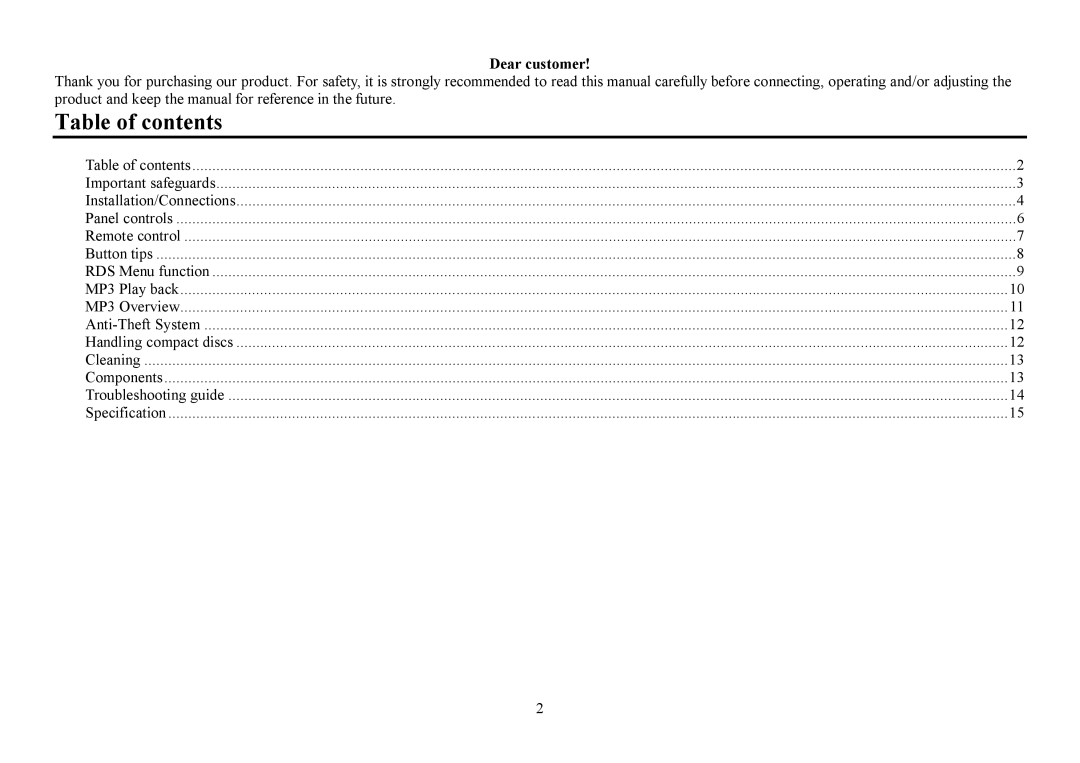 Hyundai H- CDM8053 instruction manual Table of contents 