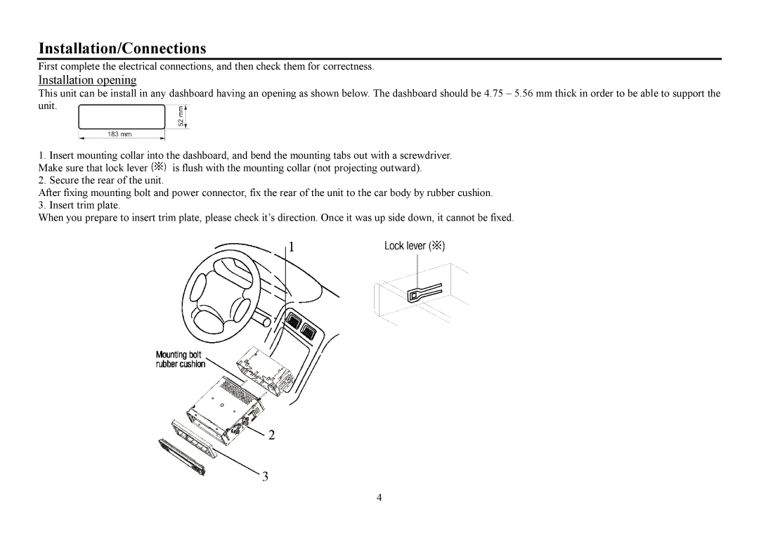 Hyundai H- CDM8053 instruction manual Installation/Connections, Installation opening 