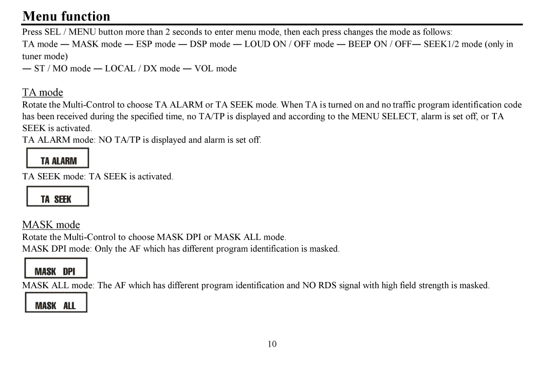 Hyundai H- CDM8059 instruction manual Menu function, TA mode, Mask mode 