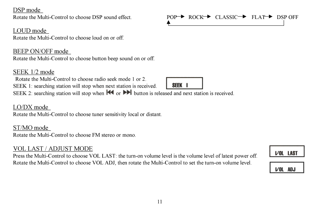 Hyundai H- CDM8059 instruction manual DSP mode, Loud mode, Beep ON/OFF mode, Seek 1/2 mode, LO/DX mode, ST/MO mode 