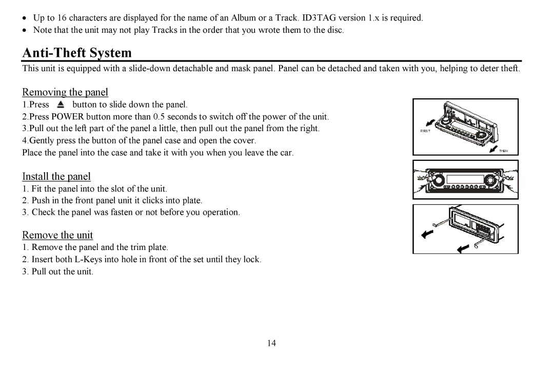 Hyundai H- CDM8059 instruction manual Anti-Theft System, Removing the panel, Install the panel, Remove the unit 