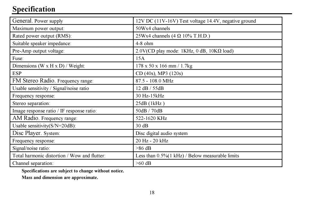 Hyundai H- CDM8059 instruction manual Specification, FM Stereo Radio. Frequency range, Disc Player. System 