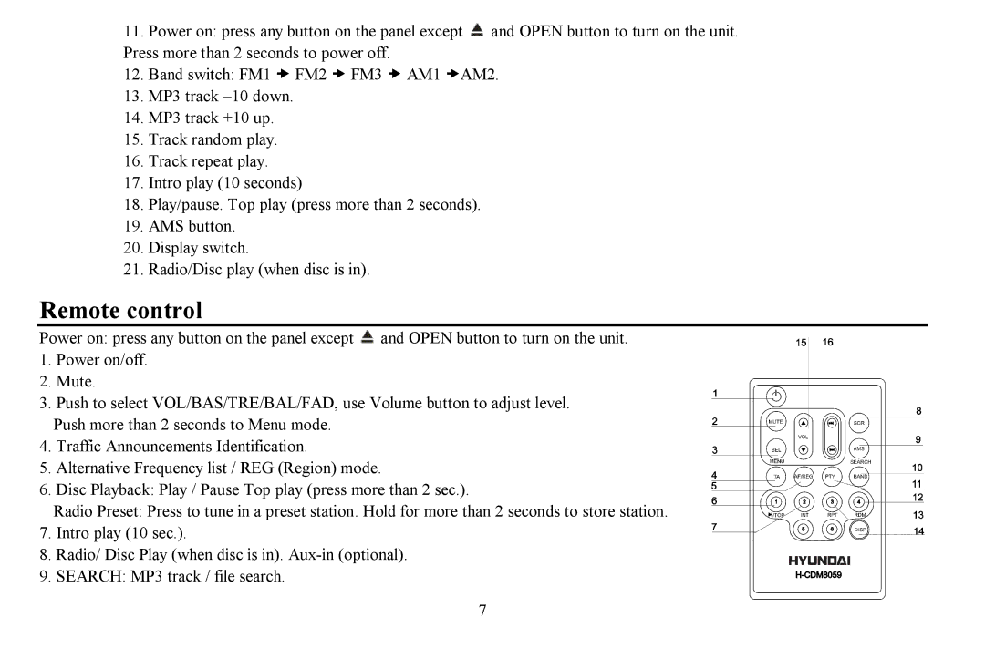 Hyundai H- CDM8059 instruction manual Remote control 