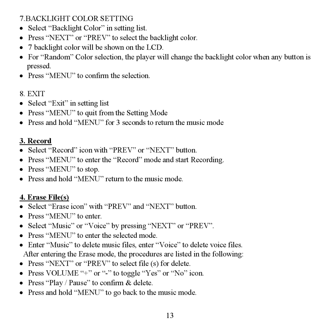 Hyundai H- F1380 instruction manual Record, Erase Files 