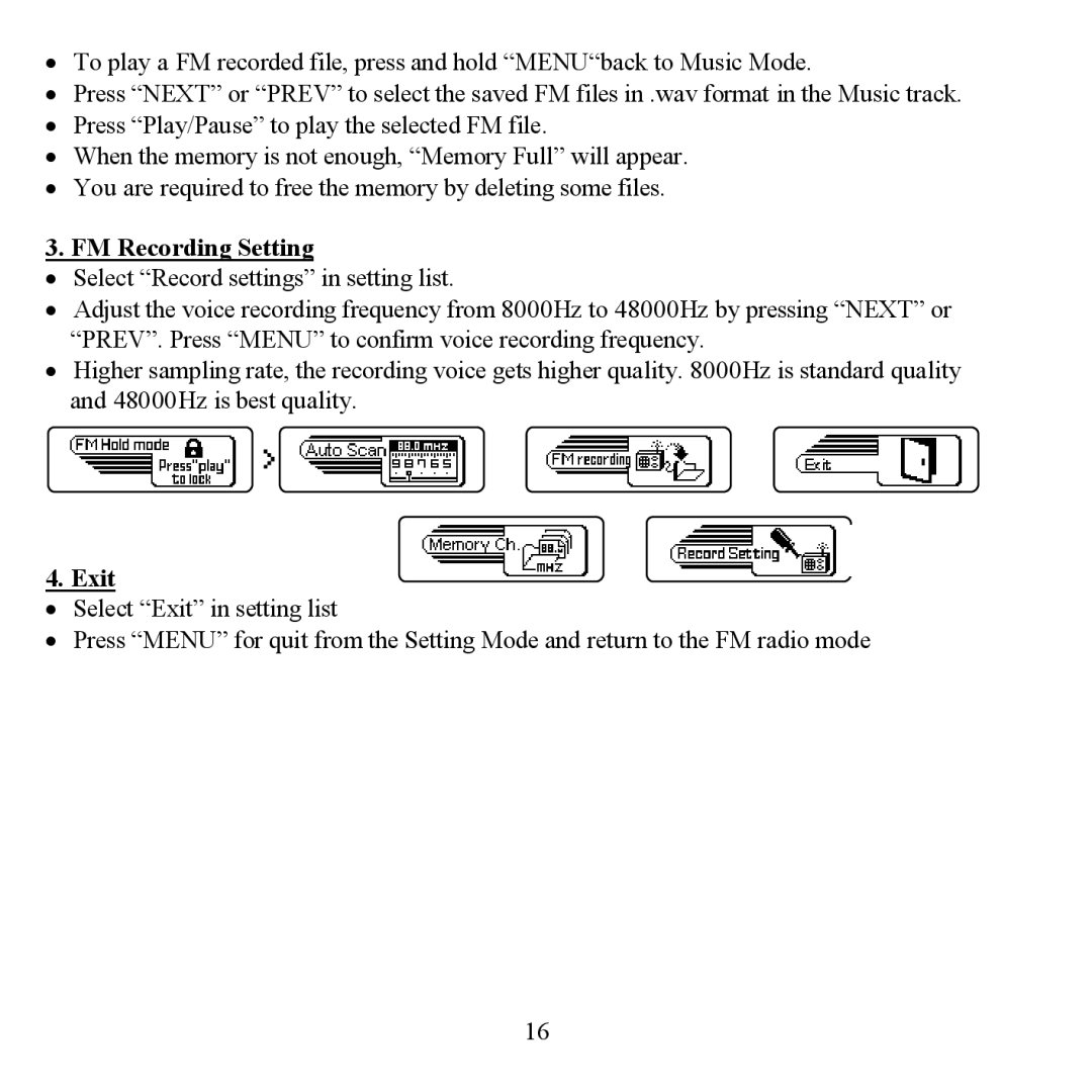 Hyundai H- F1380 instruction manual FM Recording Setting, Exit 