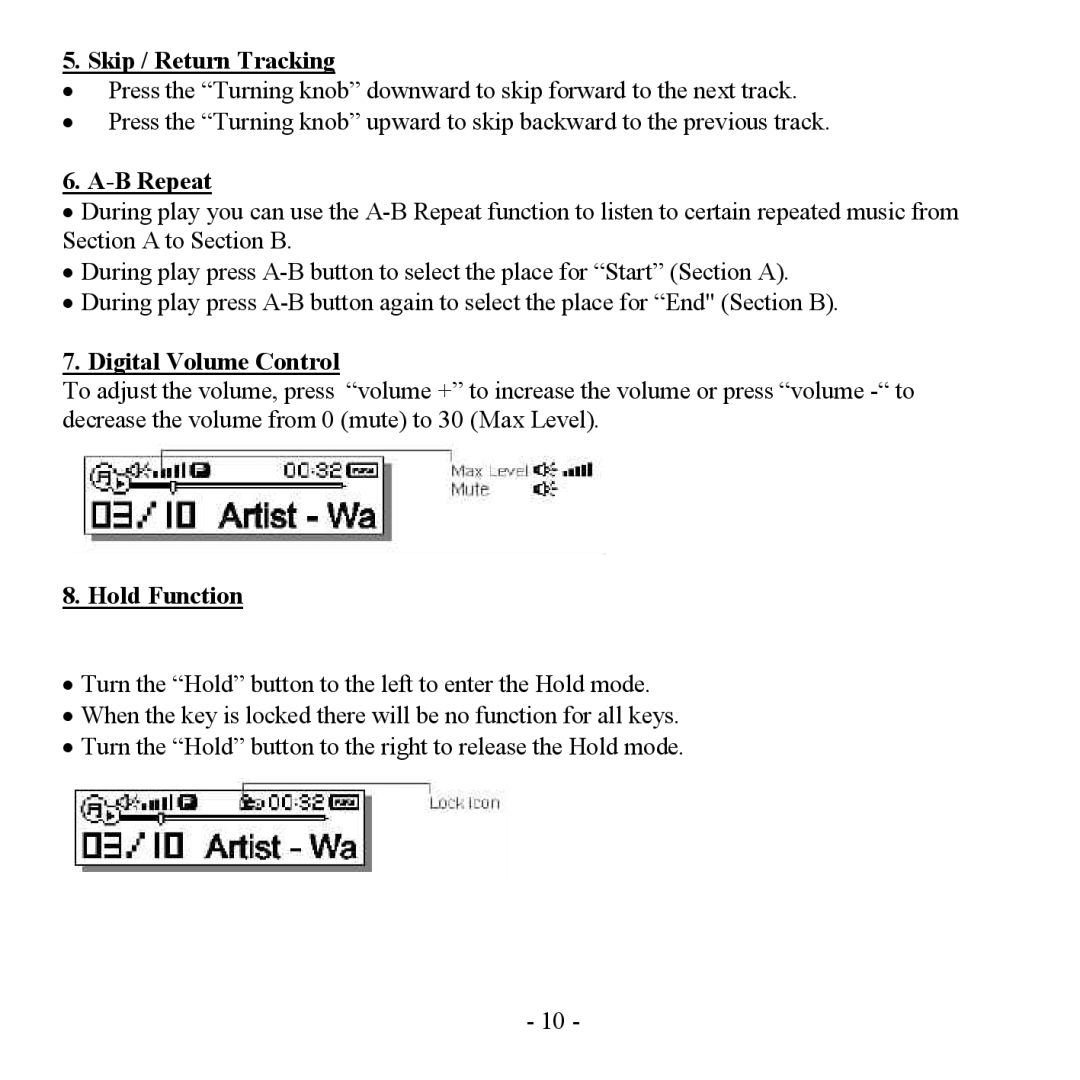 Hyundai H- F2562 instruction manual Skip / Return Tracking, B Repeat, Digital Volume Control, Hold Function 