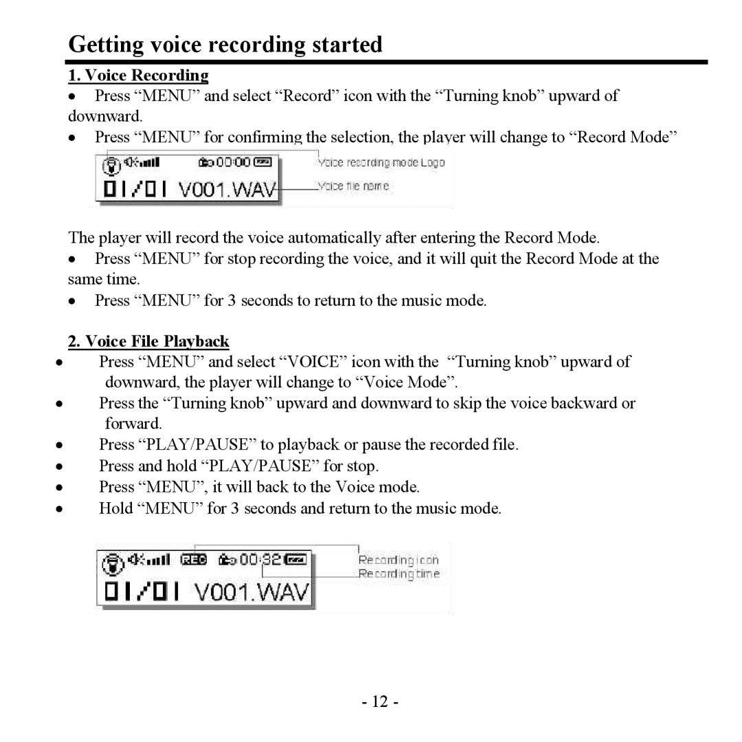 Hyundai H- F2562 instruction manual Getting voice recording started, Voice Recording, Voice File Playback 