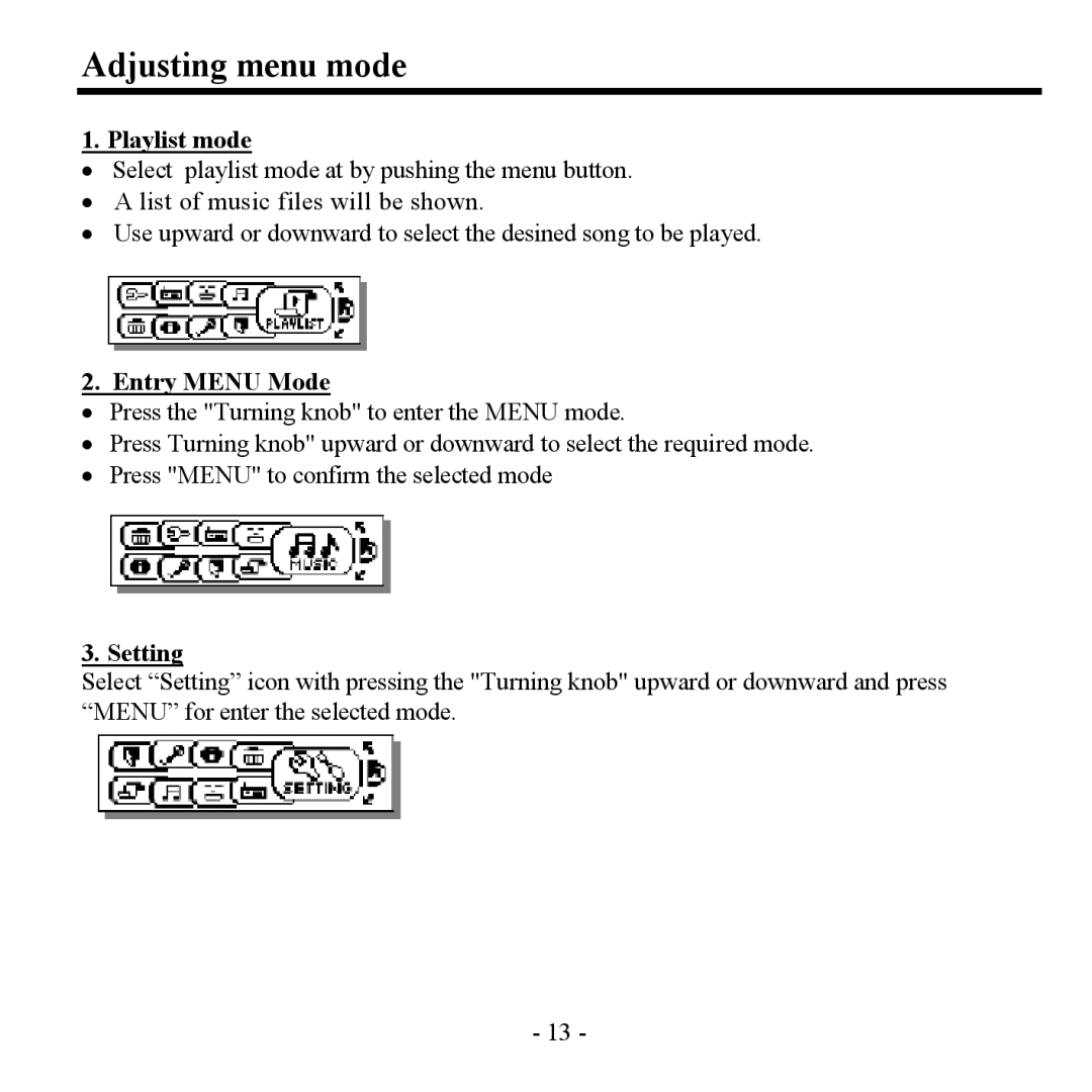 Hyundai H- F2562 instruction manual Adjusting menu mode, Playlist mode, Entry Menu Mode, Setting 