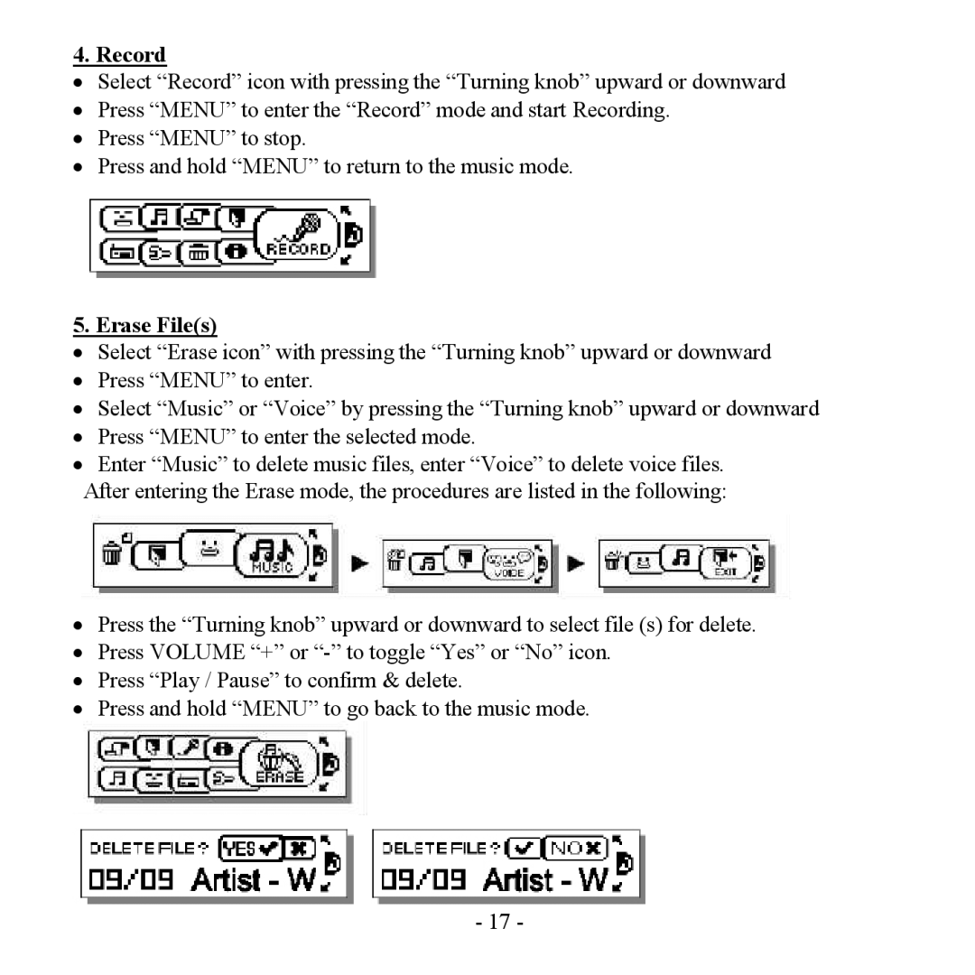 Hyundai H- F2562 instruction manual Record, Erase Files 