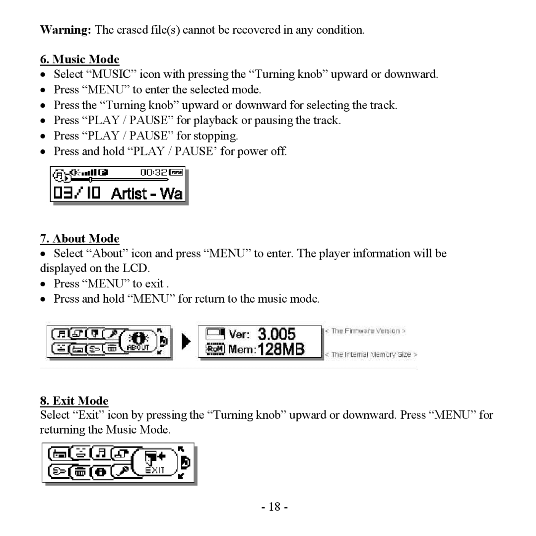 Hyundai H- F2562 instruction manual Music Mode, About Mode, Exit Mode 