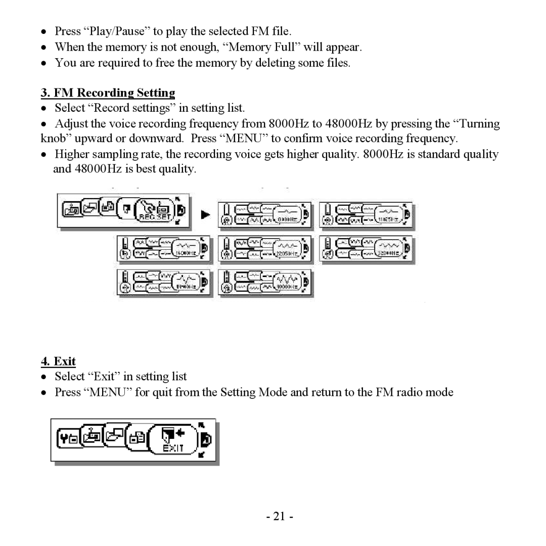 Hyundai H- F2562 instruction manual FM Recording Setting, Exit 