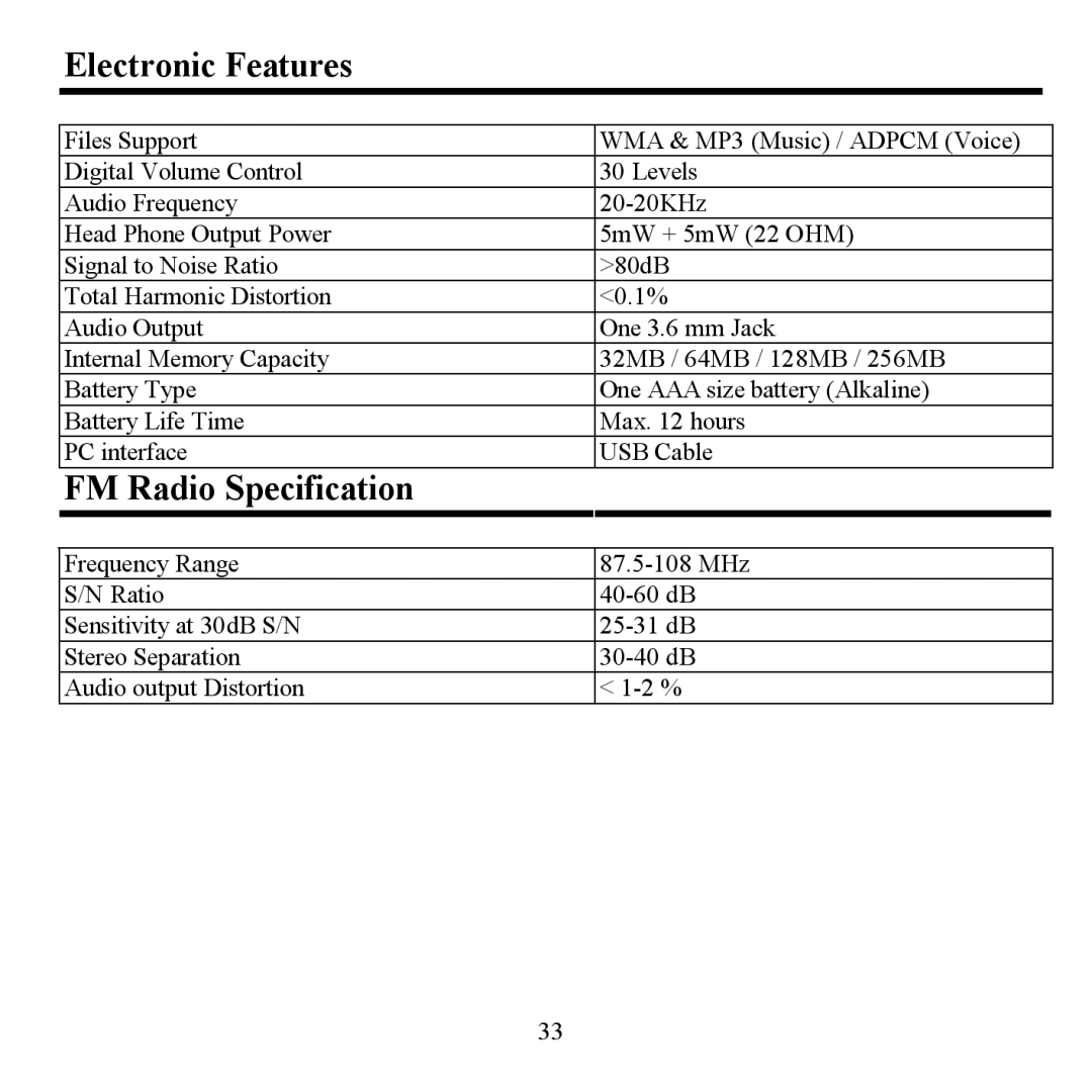 Hyundai H- F2562 instruction manual Electronic Features, FM Radio Specification 